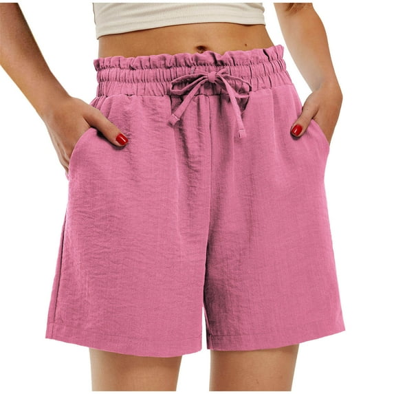 Lovskoo Workout Shorts Women High Waist Solid Color Casual Drawstring Sports Shorts with Pocket Pink M