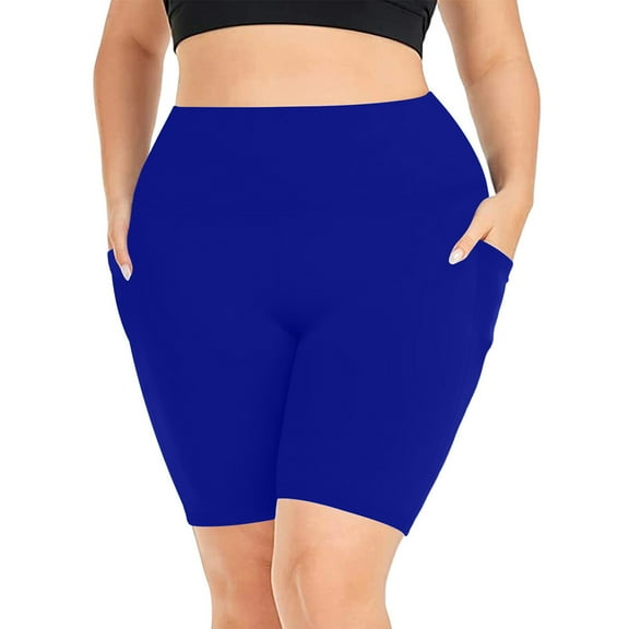 Lovskoo Yoga Shorts for Women Solid Color Plus Size Quick Drying Elastic Yoga Shorts with Bottom Pockets Fitness and Sports Shorts Blue