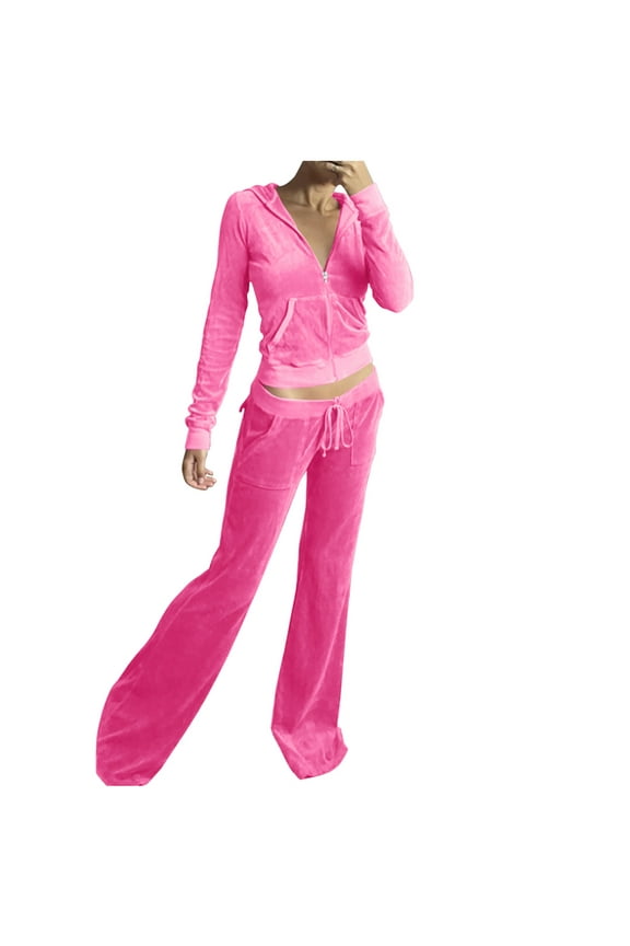 by Lovskoo 2024 Velour Tracksuit for Women Zip Up Hoodie Velvet Crop Jacket, Bell Bottoms Long Pants, Pink, 2 Piece Outfits (Medium US Size)