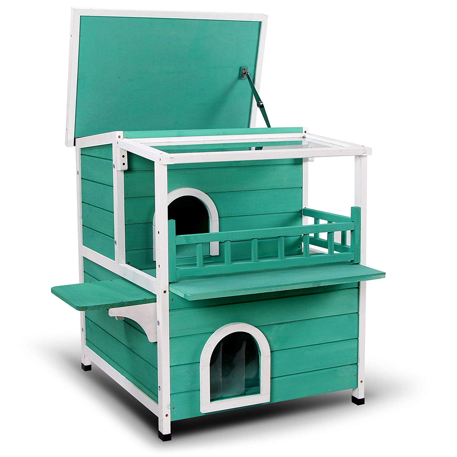 Green 2-Story Wooden Outdoor Cat House with PVC Canopy