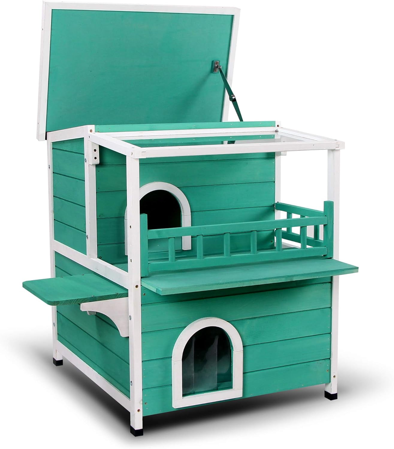 Green 2-Story Wooden Outdoor Cat House with PVC Canopy