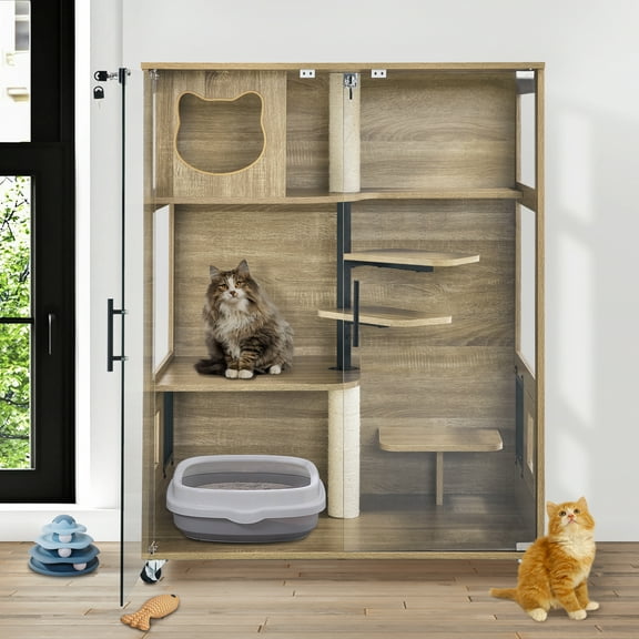 Lovupet Indoor Luxury Wooden Cat House Condo with Scratching Posts, Lockable Wheels, Escape Door