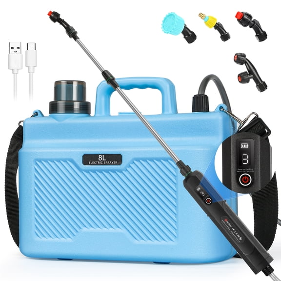 Battery Powered Sprayer 2 Gallon, Powerful Electric Garden Sprayer, Rechargeable Weed Yard Lawn Sprayers with 4 Mist Nozzles, Retractable Wand, Adjustable Shoulder Strap