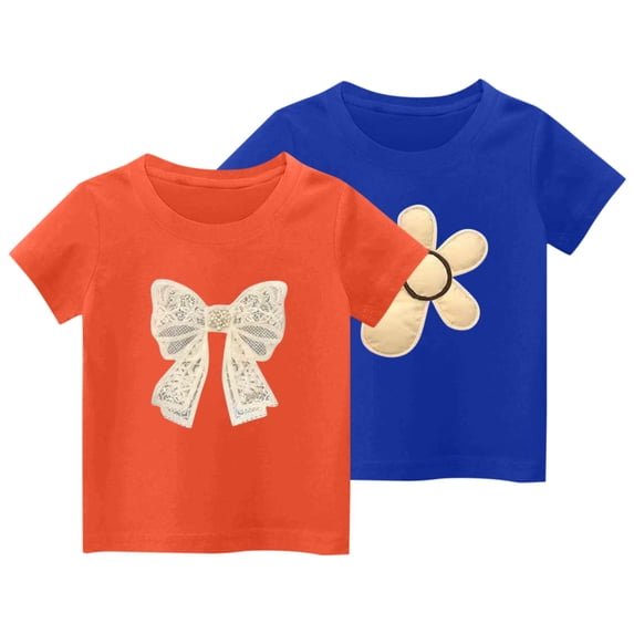Lovzfmll 2-Pack Girl's T-Shirts, Bow Print Short Sleeve Tee, Casual Loose Fit Pullover Graphic Tees for Kids 6-7 Years