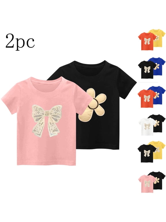 2-Pack Girl's T-Shirts, Bow Print Short Sleeve Tee, Casual Loose Fit Pullover Graphic Tees for Toddler 2-3 Years