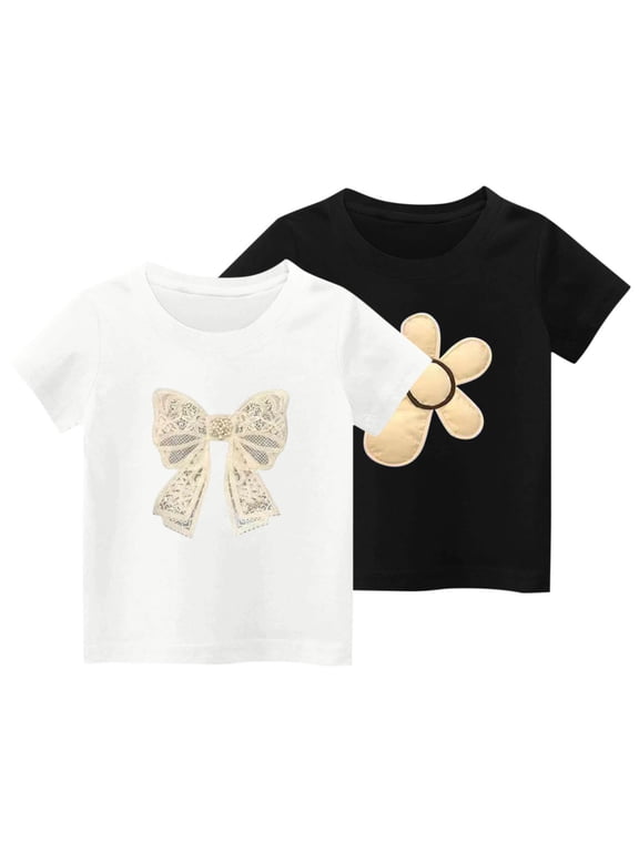 2-Pack Girl's T-Shirts, Bow Print Short Sleeve Tee, Casual Loose Fit Pullover Graphic Tees for Toddler 2-3 Years