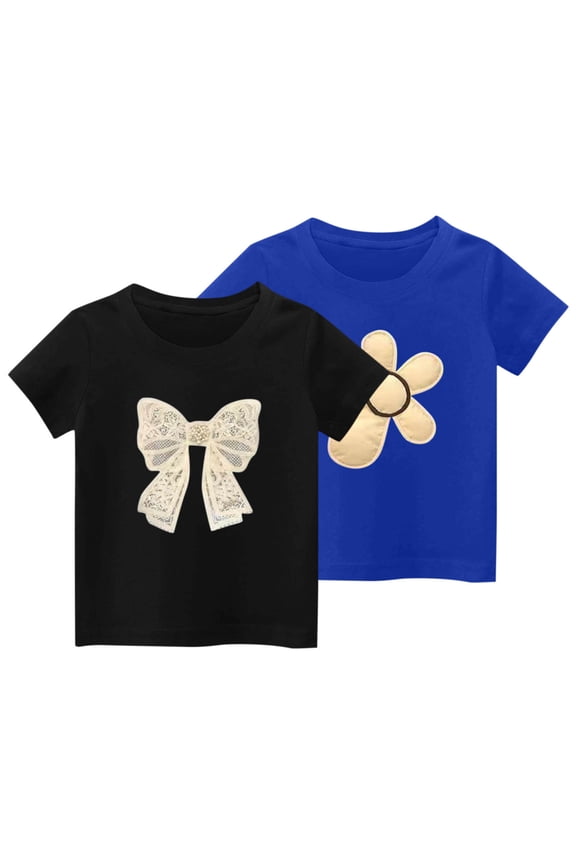 2-Pack Girl's T-Shirts, Bow Print Short Sleeve Tee, Casual Loose Fit Pullover Graphic Tees for Toddler 2-3 Years