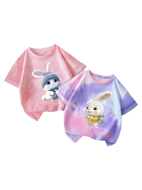 2-Pack Girl's T-Shirts, Bunny Print Tie Dye Short Sleeve Tee, Casual Loose Fit Pullover Graphic Tees for Toddler 2-3 Years