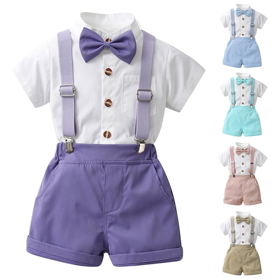 Lovzfmll 2-Piece Boy's Bow Tie Formal Set, Short Sleeve Cotton Shirt & Bib Shorts, Outfits for Toddler 12-18 Months