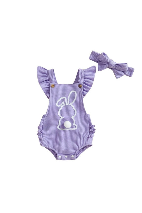 2-Piece Easter Romper Set for Toddlers, Sleeveless Bunny Print Jumpsuit with Bow Headband for Little Girls, Holiday Dressy Outfits for 12-18 Months