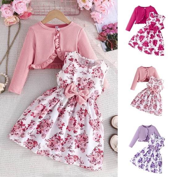 Lovzfmll 2-Piece Girl's Cardigan Dress Set, Long Sleeve Knit Cardigan & Floral Print Dress, Spring Outfits for Toddler 2-3 Years