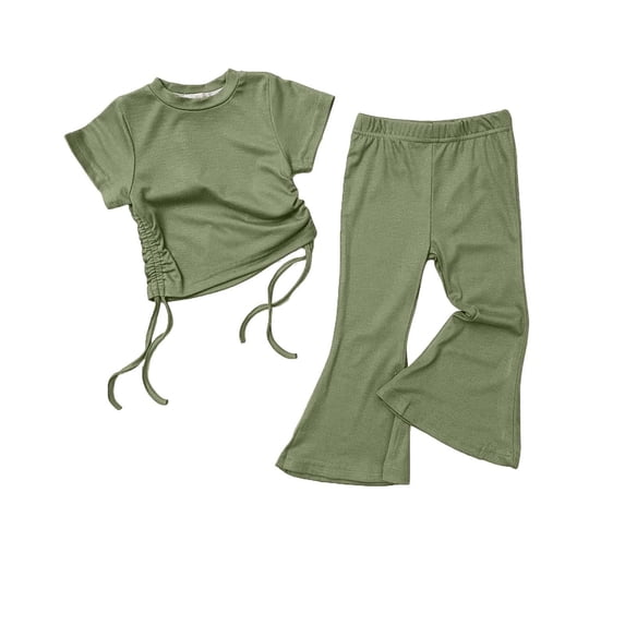 Lovzfmll 2-Piece Girl's Pocket Pants Set, Short Sleeve Drawstring Top & Pants, Casual Outfits for Kids 5-6 Years