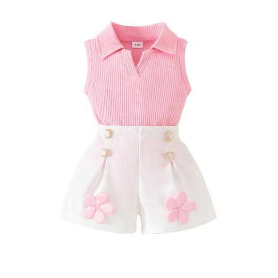 Lovzfmll 2-Piece Girl's V-Neck Knit Top Set, Sleeveless Top & Patch Button Shorts, Casual Outfits for Toddler 6-9 Months