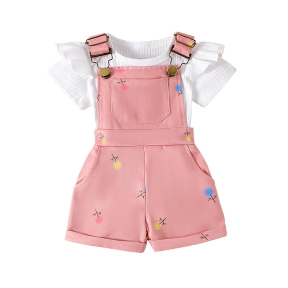 Lovzfmll 2-Piece Printed Bib Overall Set for Girls, Flutter Sleeve Top & Shorts, Casual Summer Outfits for Infant 0-3 Months