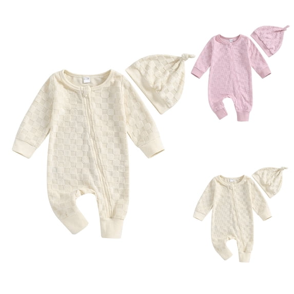 Lovzfmll 2 Piece Set Bodysuit Set for Newborn Toddler, Solid Color Zip Front Onesie with Matching Hat, Soft Cotton Winter Loungewear Set for 0-3 Months