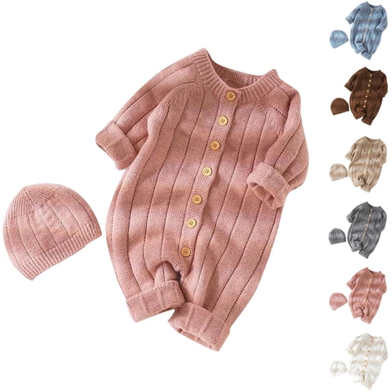 Lovzfmll 2 Piece Set Bodysuit Set for Toddler Boys Girls, Knitted Snap Onesie with Matching Hat, Long Sleeve Cozy Winter Loungewear Set for 6-12 Months