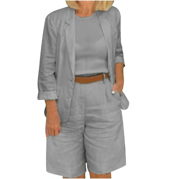 Lovzfmll 2 Piece Sets for Women, 3/4 Sleeve Suit Jacket and Shorts Set, Cotton Linen Office Casual Outfits, Matching Sets Clothing