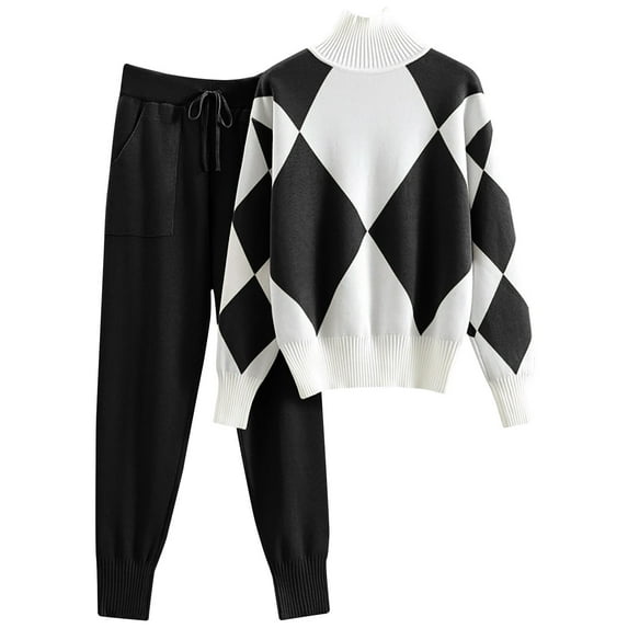 Lovzfmll 2 Piece Sets for Women, Knit Turtleneck Sweater and Jogger Pants Set, Color Block Casual Outfits Matching Sets