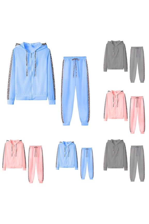 Women's 2-Piece Set, Leopard Print Zip-Up Hoodie & Jogger Pants, Casual Running Athletic Matching Outfit