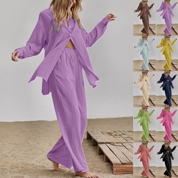 Lovzfmll 2 Piece Sets for Women, Long Sleeve Button Down Shirt and Straight-Leg Pants Set with Pocket, Causal Matching Outfits