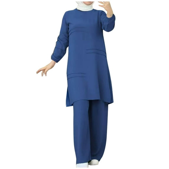 Lovzfmll 2 Piece Sets for Women, Muslim Abaya Shirt Tops and Wide-Leg Trousers Set, Casual Modest Outfits