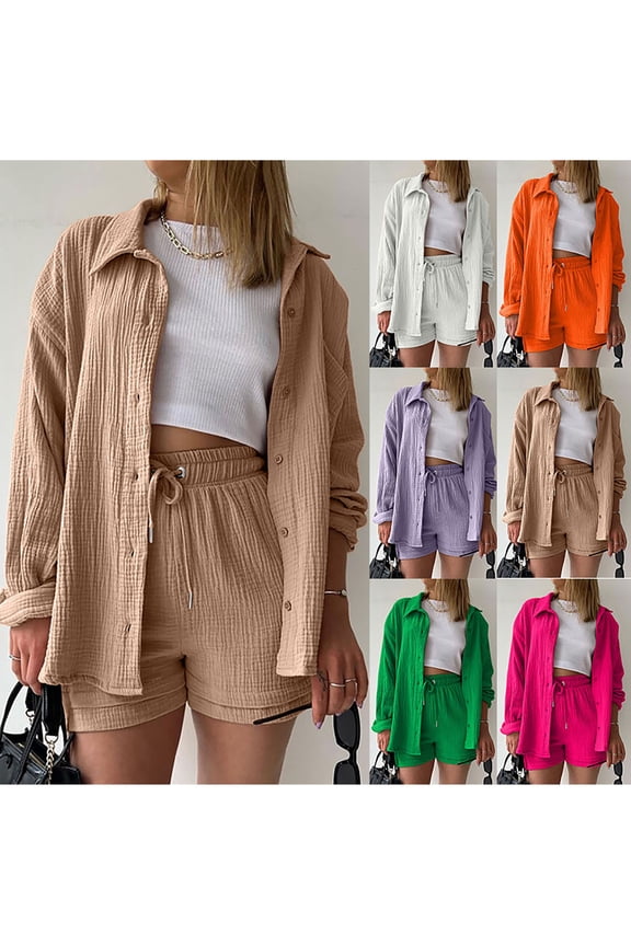 2 Piece Sets for Women, Plus Size Button Down Shirt and High Waist Shorts Set, Casual Oufits Matching Sets