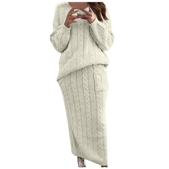 Lovzfmll 2 Piece Sets for Women, Ribbed Knit Round Neck Sweater and Maxi Skirts, Loose Fit Casual Matching Sets Clothing