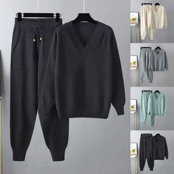 Lovzfmll 2 Piece Sets for Women, V-Neck Knit Sweater and Jogger Pants Set, Winter Casual Loungewear Outfits Matching Sets