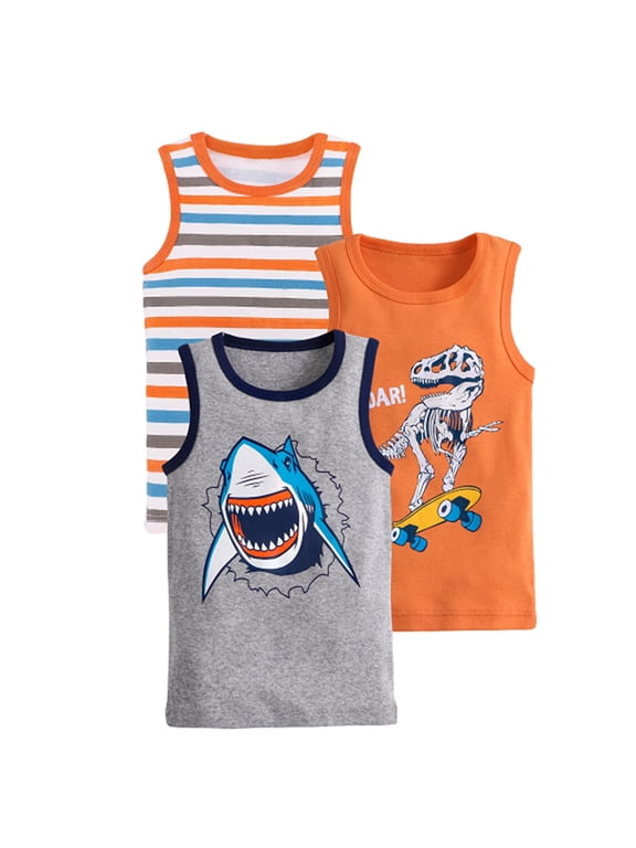 3-Pack Boy's Tank Tops, Printed Crewneck Sleeveless Tee, Casual Loose Fit Pullover Graphic Tees for Toddler 4-5 Years
