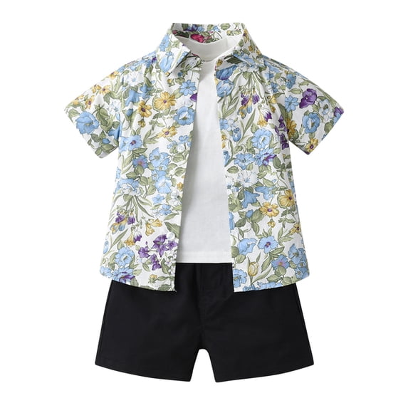 Lovzfmll 3-Piece Boy's Layered Shirt Set, Short Sleeve Floral Shirt & White Tee & Shorts, Casual Outfits for Toddler 2-3 Years