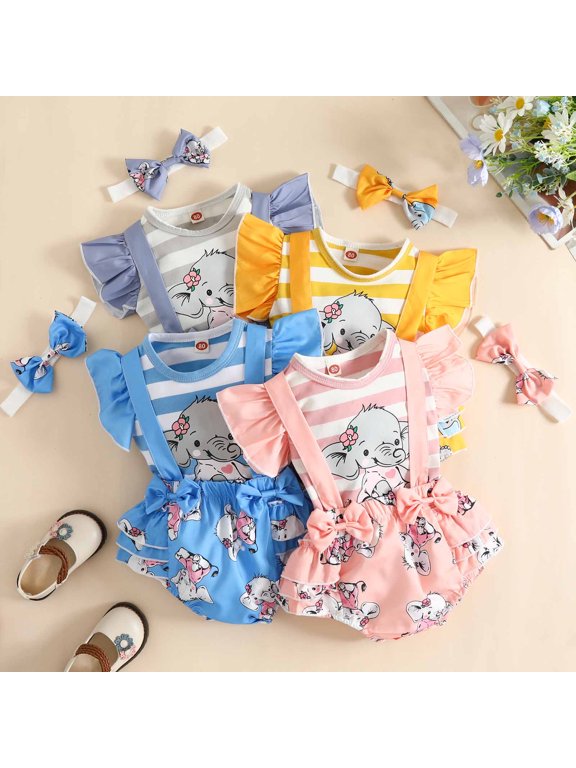 3-Piece Girl's Elephant Print Set, Flutter Sleeve Ruffle Top & Bib Shorts & Headband, Casual Outfits for Toddler 12-18 Months