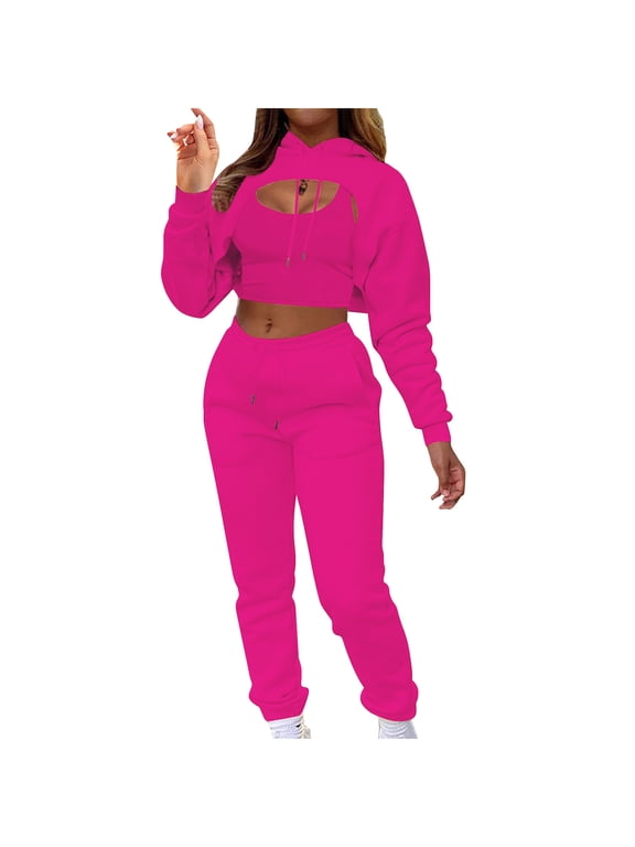 3 Piece Sets for Women, Cropped Tank Tops Long Sleeve Sweatshirt and Pants Set, Solid Color Casual Outfits Matching Sets