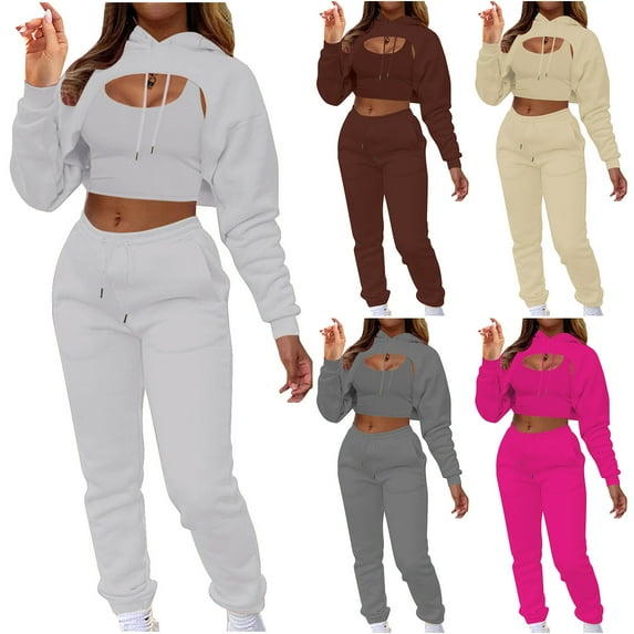 Lovzfmll 3 Piece Sets for Women, Cropped Tank Tops Long Sleeve Sweatshirt and Pants Set, Solid Color Casual Outfits Matching Sets