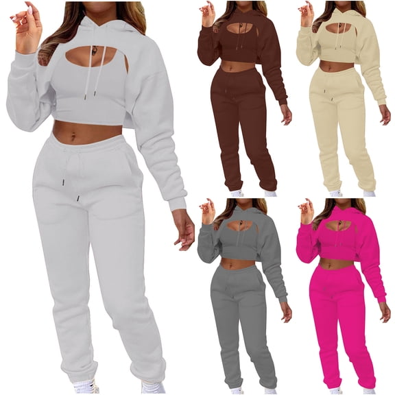 Lovzfmll 3 Piece Sets for Women, Cropped Tank Tops Long Sleeve Sweatshirt and Pants Set, Solid Color Casual Outfits Matching Sets