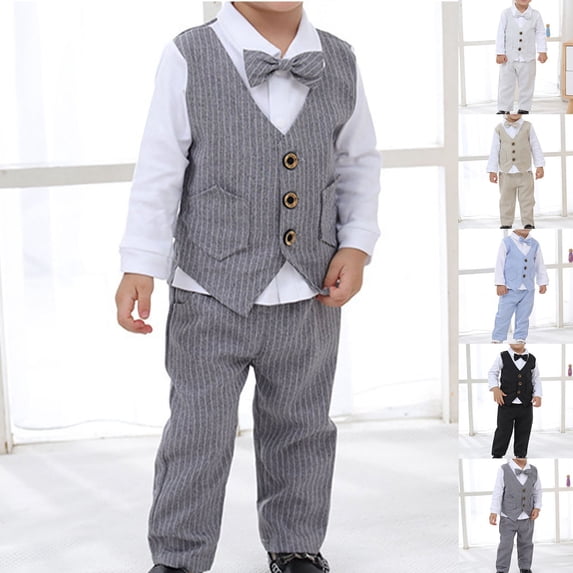 Lovzfmll 4-Piece Piano Performance Set for Boys, Long Sleeve Mandarin Collar Top & Pants with Bow Tie, Formal Uniform Outfits for Infant 6-12 Months