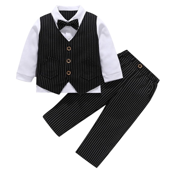 Lovzfmll 4-Piece Piano Performance Set for Boys, Long Sleeve Mandarin Collar Top & Pants with Bow Tie, Formal Uniform Outfits for Toddler 3-4 Years