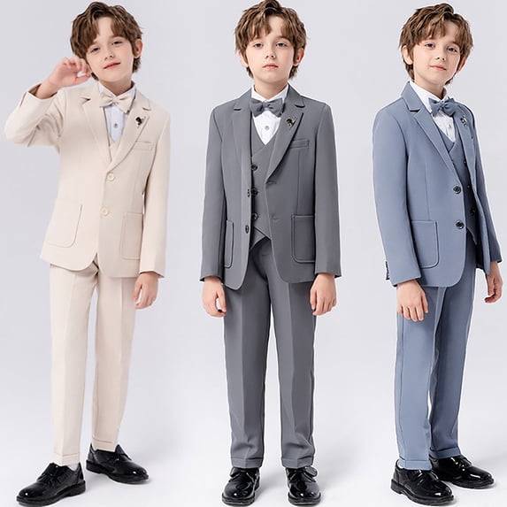 Lovzfmll 5-Piece Suit for Boys, Blazer & Vest & Pants & Tie & Brooch, Formal Outfits for Little Boys, 7-8 Years