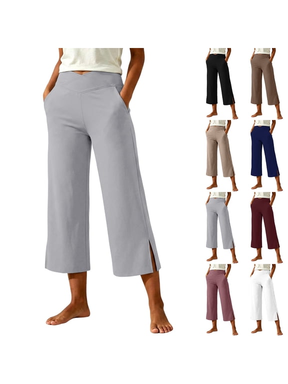 Active Cropped Pants for Women, Solid Color V-Waist Split Hem Yoga with Pockets, Casual Sport Bottoms White, M