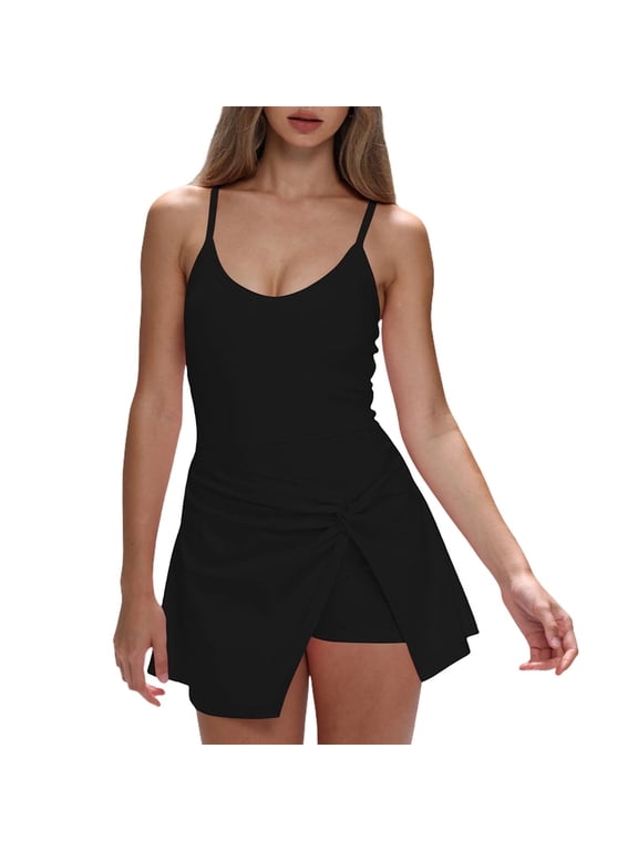 Active Mini Dress for Women, Crew Neck Sleeveless with Spaghetti Straps, Yoga Tank Dress Black, M