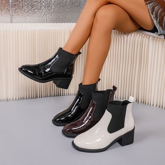 Lovzfmll Ankle Boots for Women, Patent Leather Ankle Round Toe Chunky Low Heel, Chunky Mid Heel Round Toe Buckle Chelsea Leather Motorcycle Boots Casual Black Boots