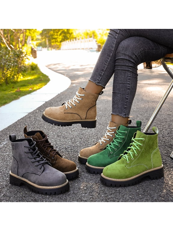 Ankle Boots for Women, Ankle Boots Round Toe Front Lace Up Low Heel, Chunky Low Heel Round Toe Military Chunky Boots Casual Fall Khaki Boots