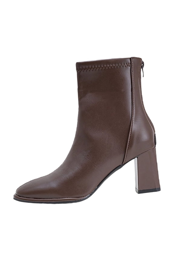 Ankle Boots for Women, Chunky Ankle Square Toe Mid Heel, Chunky Mid Heel Square Toe Chelsea Leather Boots Casual Fall Brown Boots