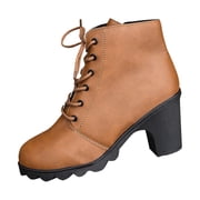 Lovzfmll Ankle Boots for Women, Leather Ankle Chunky Heel Lace Up, Chunky Mid Heel Round Toe Military Chunky Leather Boots Casual Fall Brown Boots