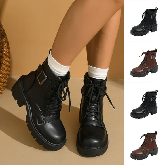 Lovzfmll Ankle Boots for Women, Mid Heel Boots Round Toe Front Lace Up, Chunky Heel Buckle Military Chunky Leather Motorcycle Casual Black Boots
