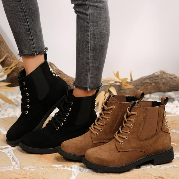 Lovzfmll Ankle Boots for Women, Mid Heel Boots Round Toe Lace Up, Chunky Low Heel Military Motorcycle Boots Casual Fall Black Boots