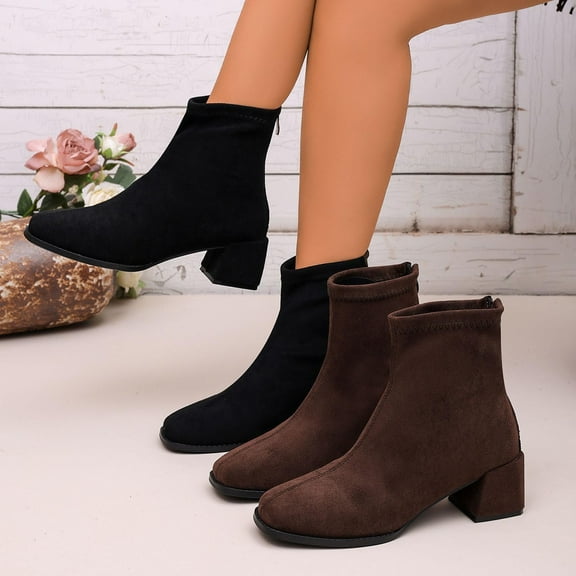 Lovzfmll Ankle Boots for Women, Square Toe Suede Chunky Heel Back Zipper, Block Heel Booties Chelsea Boots Casual Black Boots