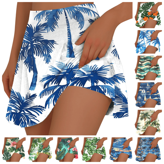 Lovzfmll Athletic Skort for Women, Hawaiian Vacation Print with Built-in Shorts, Beach Yoga & Casual Run Wear Blue-A, S