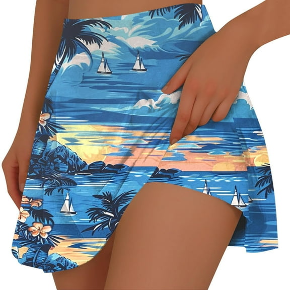 Lovzfmll Athletic Skort for Women, Hawaiian Vacation Print with Built-in Shorts, Beach Yoga & Casual Run Wear Blue-E, L