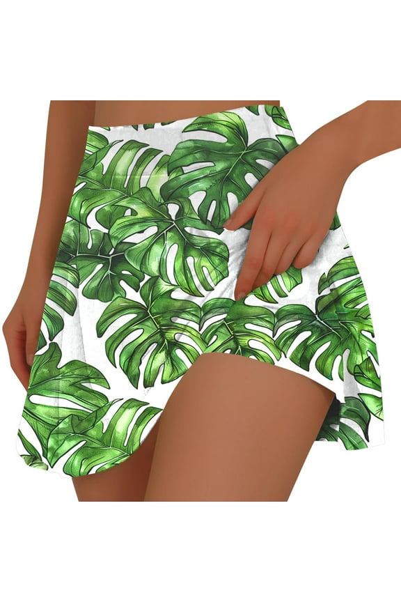 Athletic Skort for Women, Hawaiian Vacation Print with Built-in Shorts, Beach Yoga & Casual Run Wear Green-L, L
