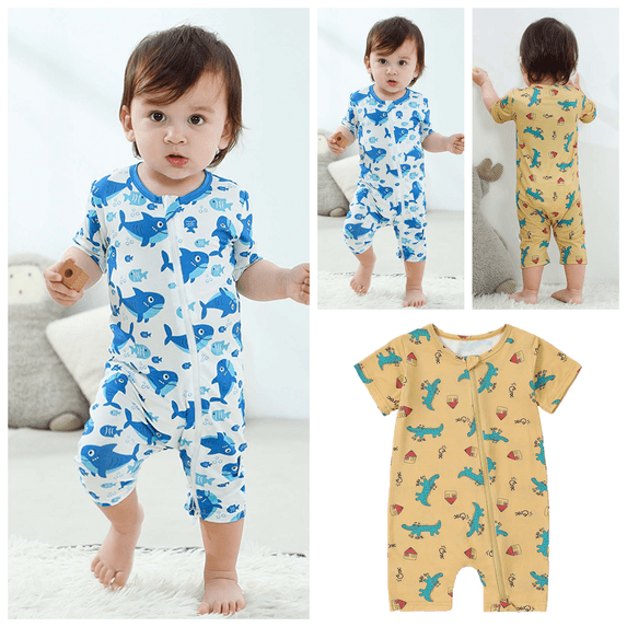 Lovzfmll Bamboo Viscose Short Sleeve Jumpsuit for Toddlers, Printed Snap Crotch Romper with Cropped Leg for Little Boys & Girls, Summer Outfits for 0-3 Months